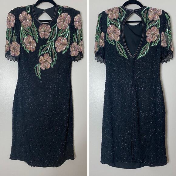 VINTAGE DRESS WHIMSIGOTH FAIRY BLACK PINK FLORAL SEQUIN BEADED EMBELLISHED SILK - Picture 1 of 14